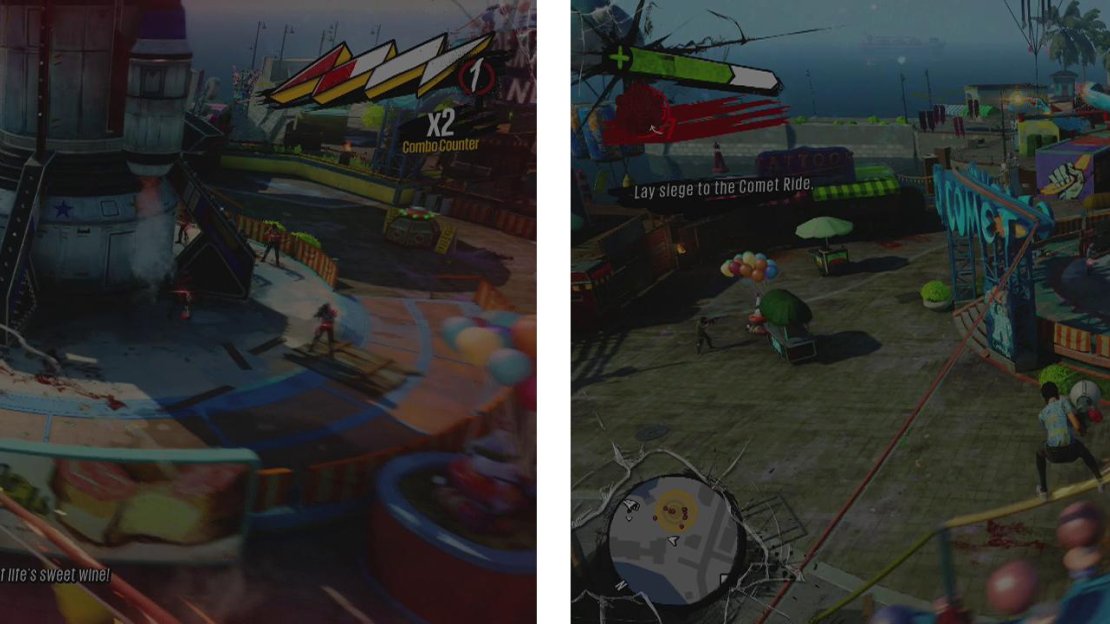Use the wires around the area to clear out Spaceship ’Murica (left), the Ferris Wheel and the Comet Ride (right).