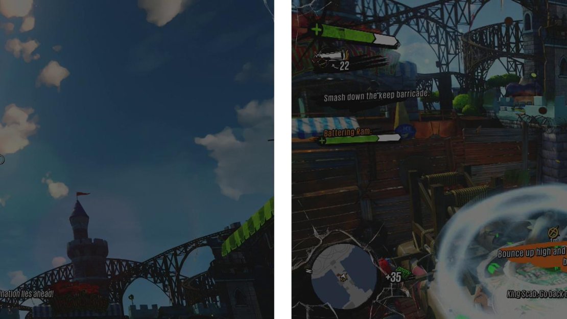Shoot down the incoming cannon fire (left) and when the ram reaches a barricade perform a ground slam on the button (right).