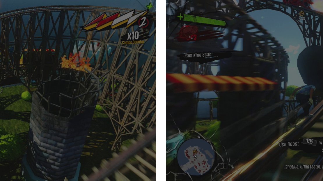 Stay high and jump down behind King Scab to shoot at the cars behind him (left). When you have destroyed them all, grab the figurehead and hit him head on (right).