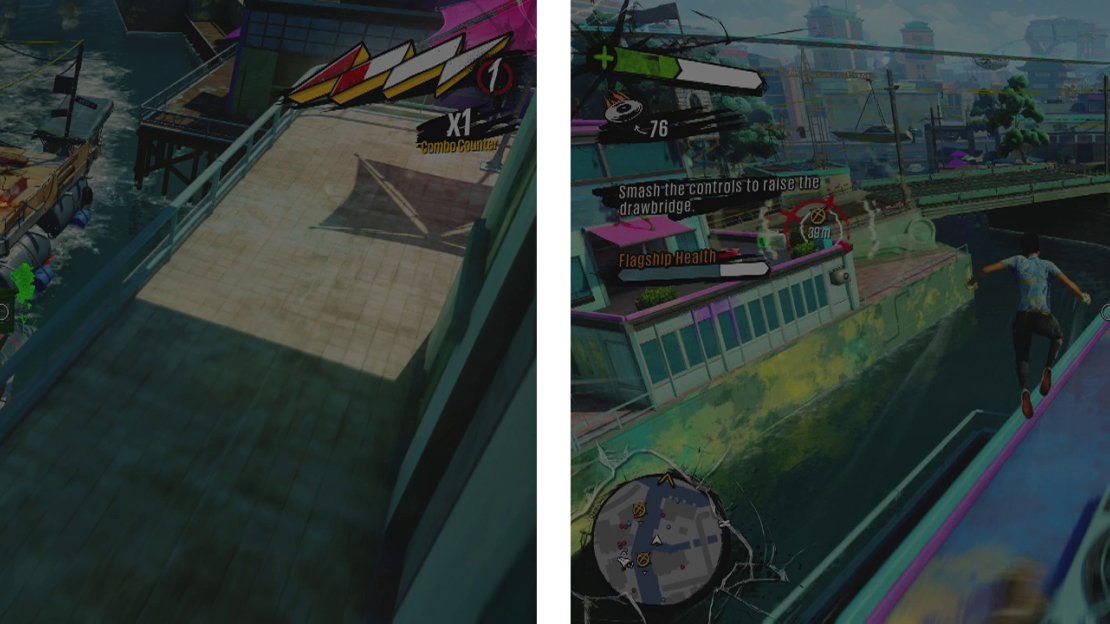 Constantly fetch garbage (left) to keep the ships health up. When you see switches appear (right), destroy them as quickly as possible before returning to the ship.