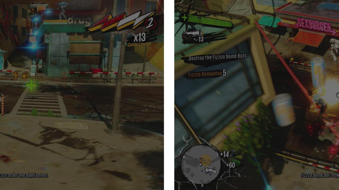Defend the museum against the Fizzco Bots (left). Use the wires for a vantage point over the battlefield (right), but keep an eye out for enemy fire.