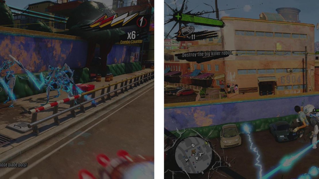 Utilise the Tesla Traps to stun groups of Fizzco Bots (left). When the tank Bot appears (right), take him down to end the mission.