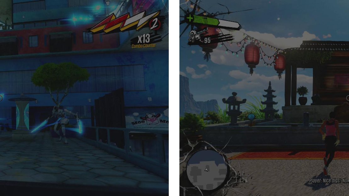Clear the yellow zone of Fizzco Security (left) and then make your way to the rooftop (right) for a scene.