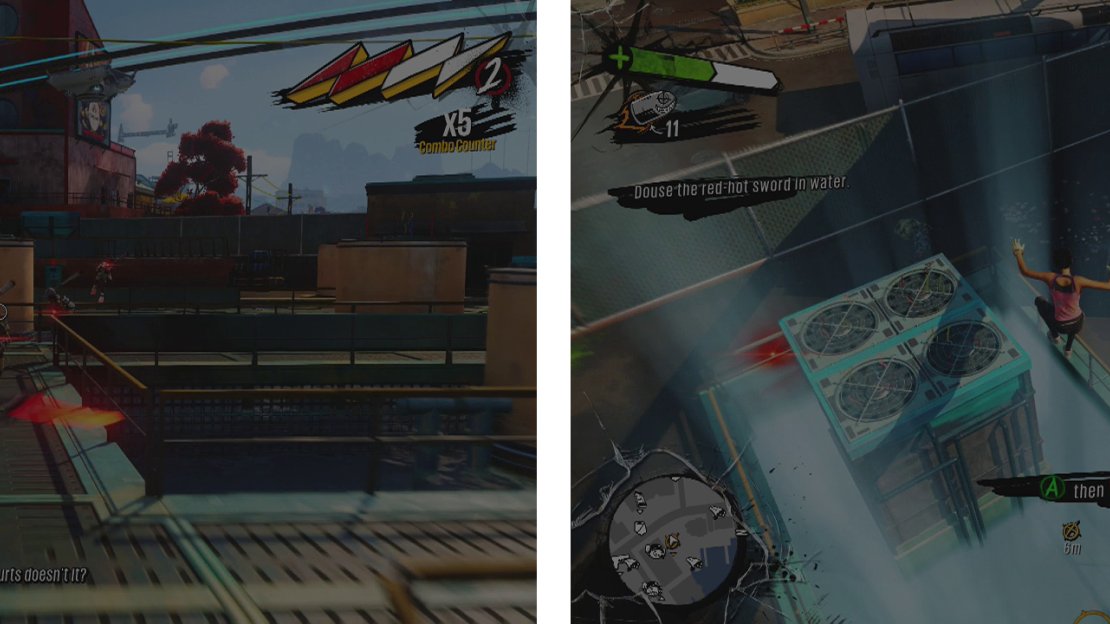 Use your new weapon to help eliminate the Scabs (left). Then divebomb the indicated pool of water (right).