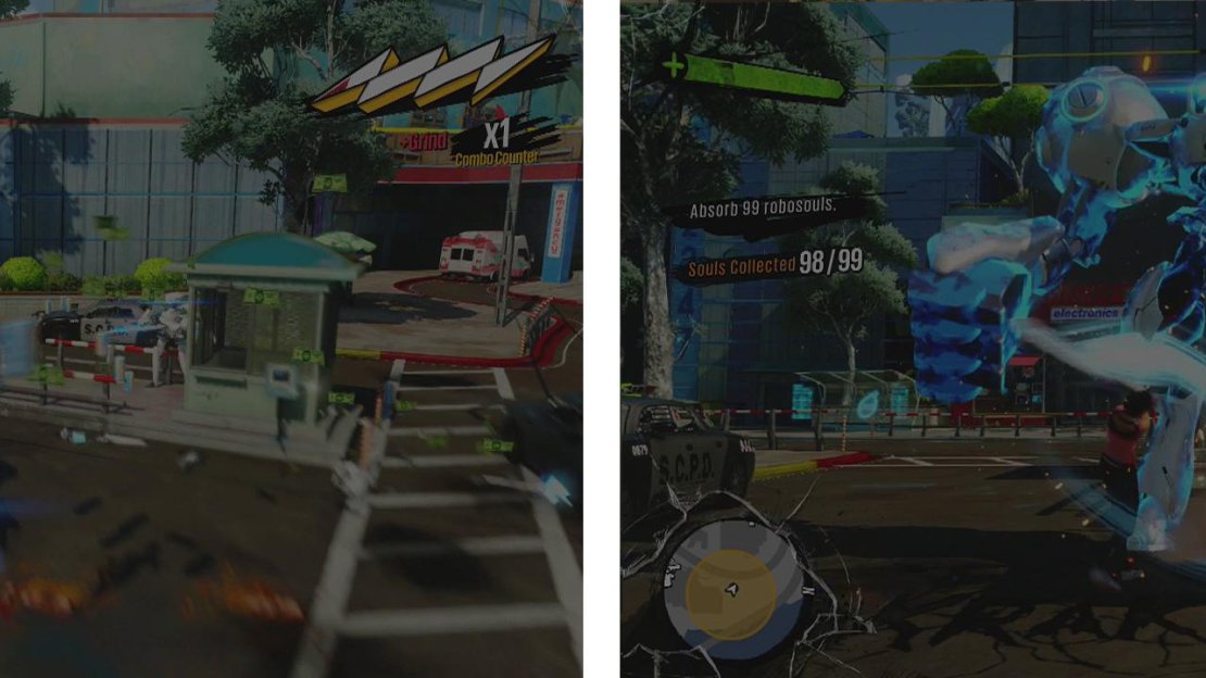 Use your ridiculously overpowered sword to eliminate 98 Fizzco Bots (left). Then go one-on-one with a Tank Bot (right).