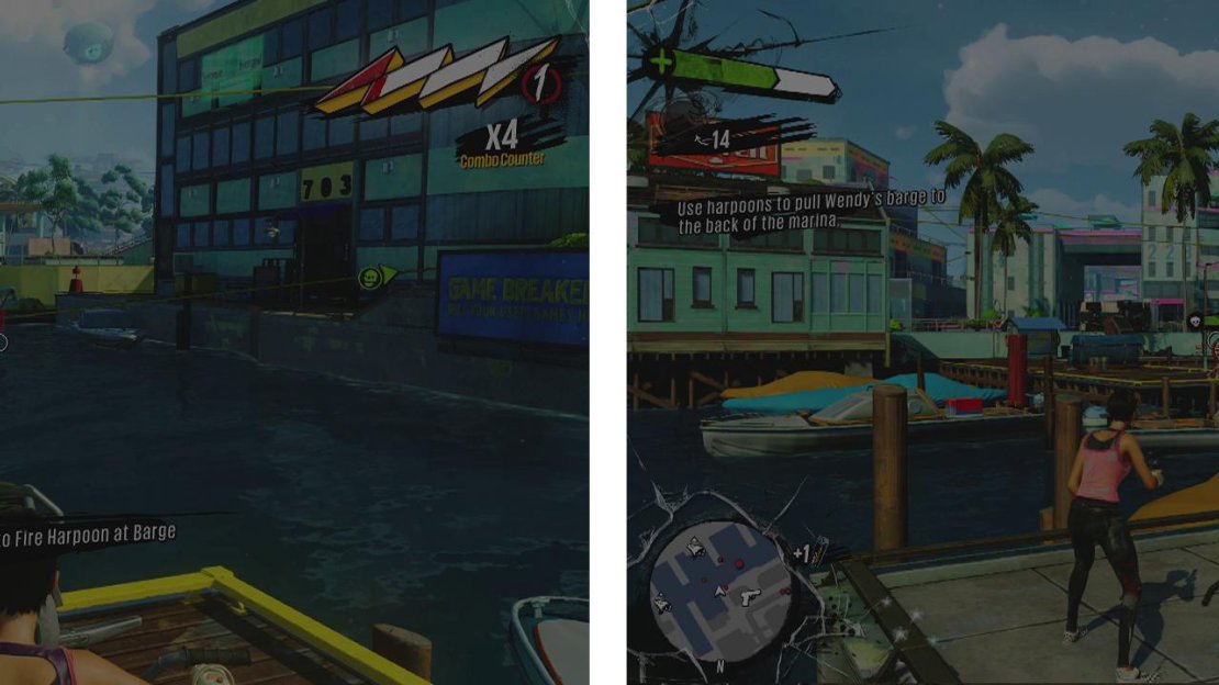 Attach the harpoons to the boat to bring it in (left) and defend the attached harpoons form OD as they arrive (right).