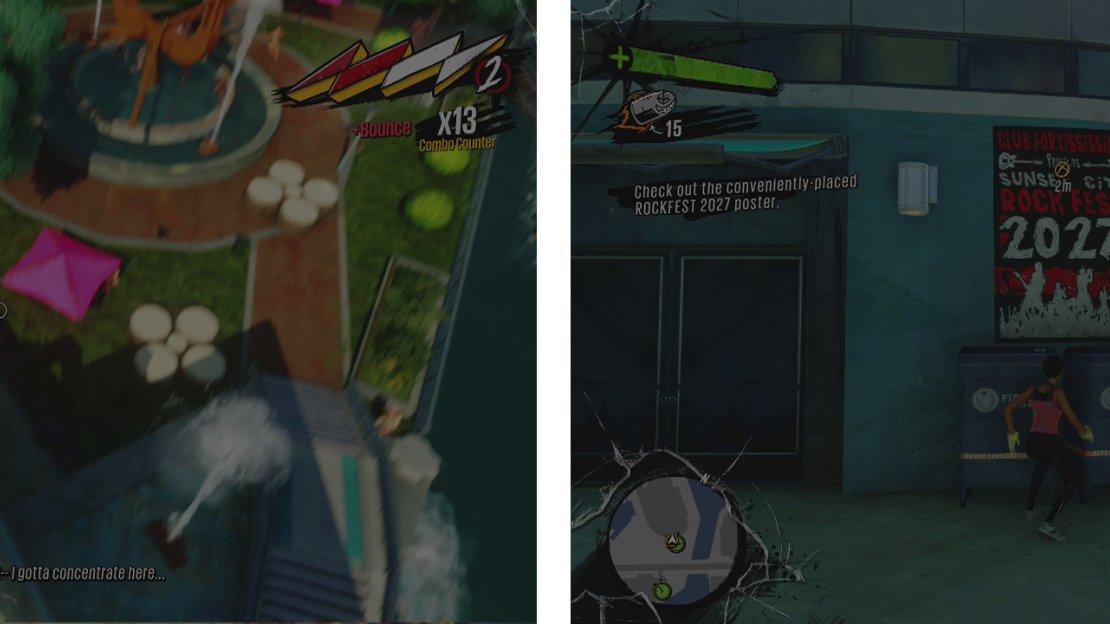 Bounce on all of the taiko drums consecutively to kill the OD (left). Once the area is clear, examine the highlighted poster (right).