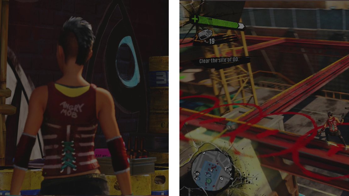 Speak to Jess to start the mission (left) and then clear the construction site of hostiles (right)…twice!