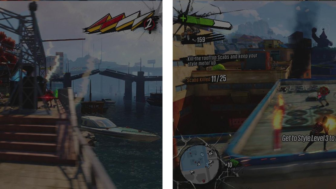 Grab the remote from the stage (left) and then head to the rooftops to kill Scabs (right) - keep that style meter high to avoid turret fire!