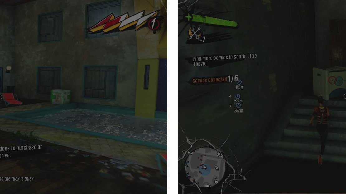 The first comic is being held by a Scab Rusher (left). The second is hidden inside some crates (right).