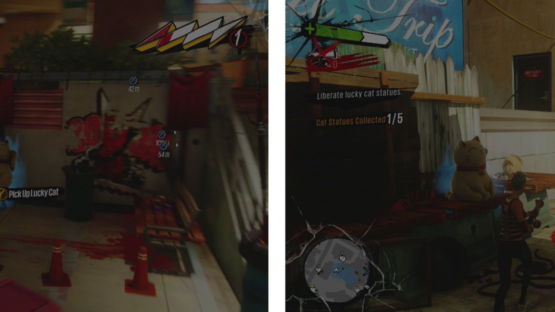 The first cat is located between a set of stairs (left). The second is in the next area to the west (right).