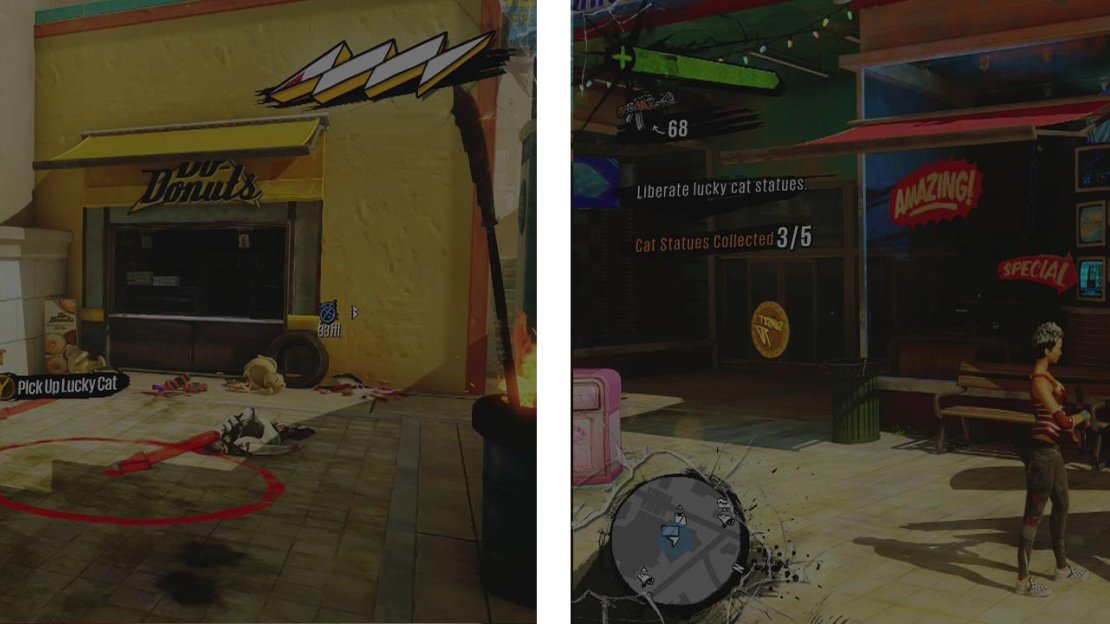 The third statue is in the corner of the area with two turrets (left). The fourth cat can be found by a Sunset TV icon (right).