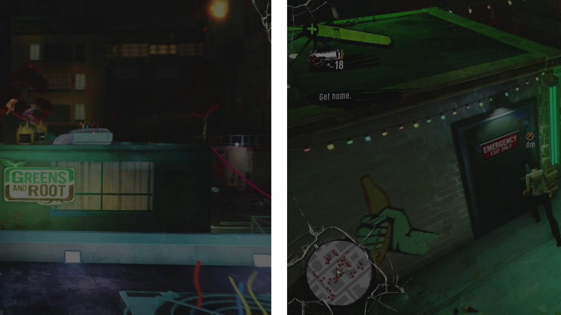 Defeat the giant mutant (left) in order to return home (right).