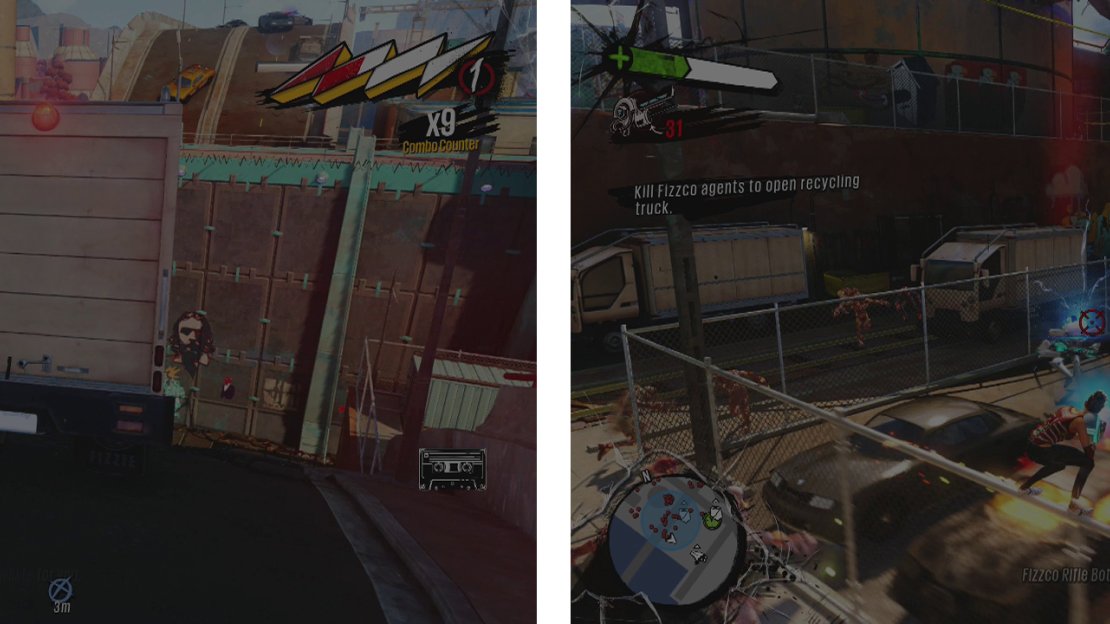 The third truck is dangling from a bridge (left). Drop down and clear the enemies (right) to claim its contents.