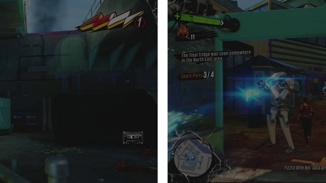 The third fridge is in a dead end below the main street (left) and the final fridge is in a fenced area chilling with Fizzco Bots (right).