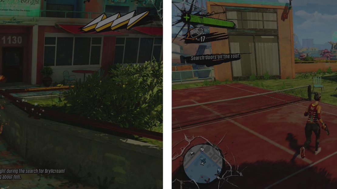 Escort 4Kim through the base of the apartment blocks (left). Climb to the roof and interact with the door by the tennis court (right).