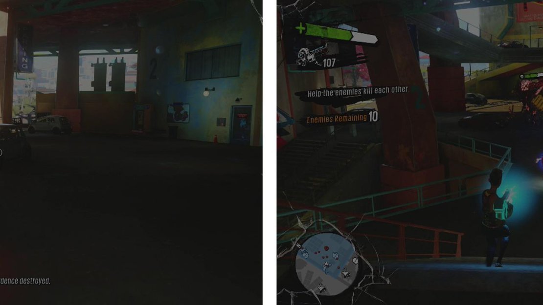 Set off car alarms and smash vending machines to build chaos (left) and then kill the assortment of enemies that arrive (right).