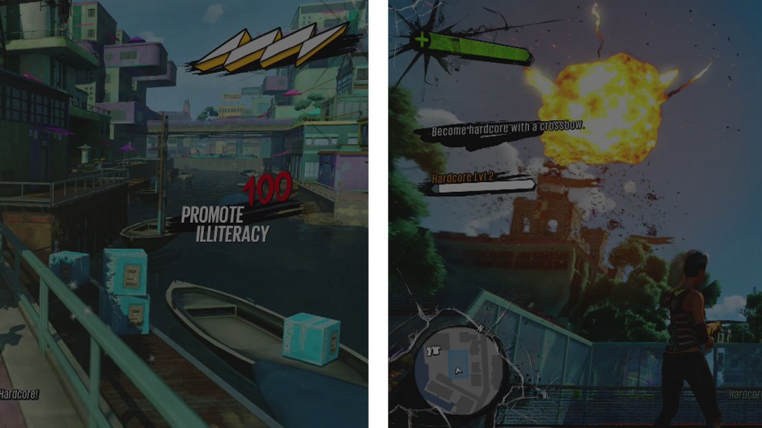 For the first part, smash things with the sword (left). For the second, shoot down cannon fire and other objects with the crossbow (right).