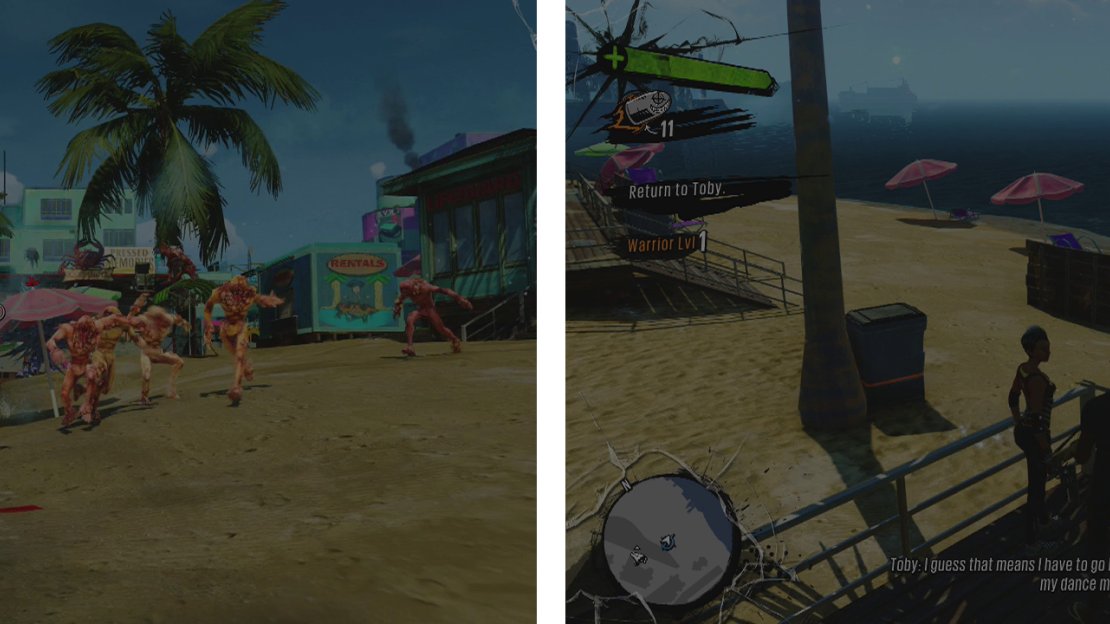 Defend yourself from the OD at the waterfront (left) and then speak with the Fargathian nearby (right).