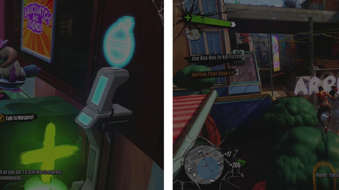 Speak with Margaret at the Oxford base (left) and use Boo-Boo to clear out the Fizzco Bots outside (right).