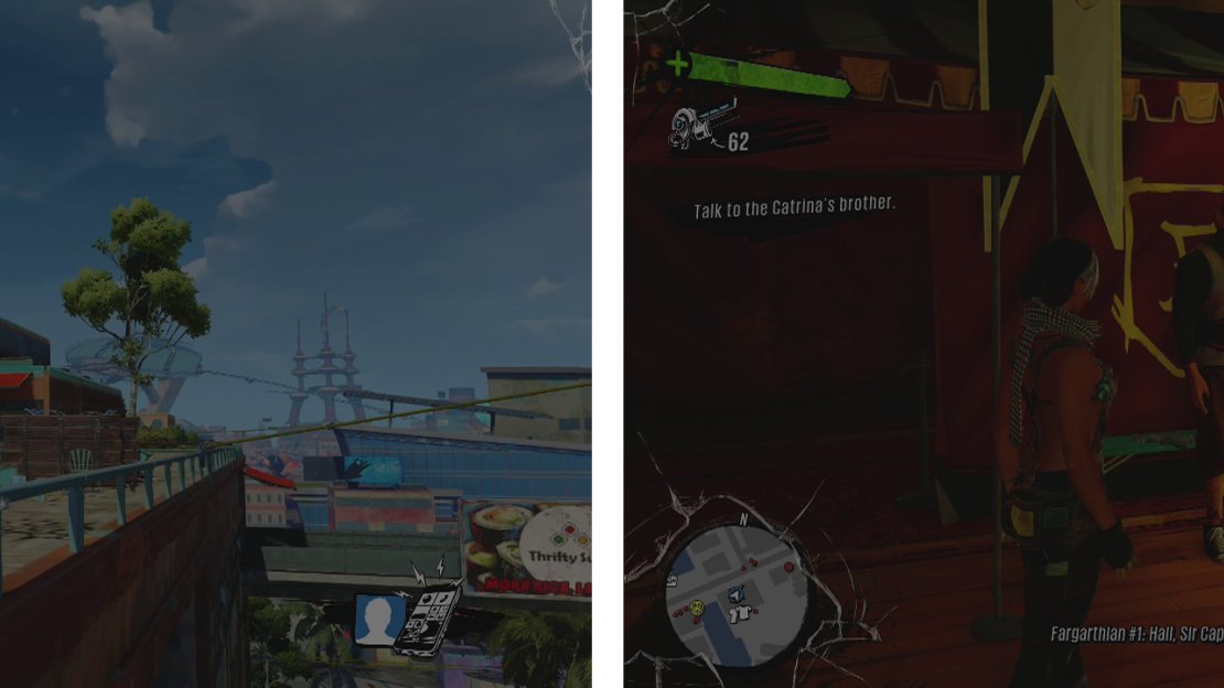 Fight off the Fizzco ambush (left) and then head to Fargathia to speak with one of the LARPers (right).