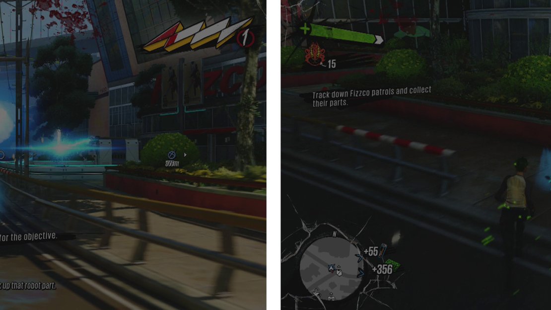 during this mission, you’ll need to attack several Fizzco checkpoints (left). At each, one of the robots will drop the Robot Guts that we need to collect (right).
