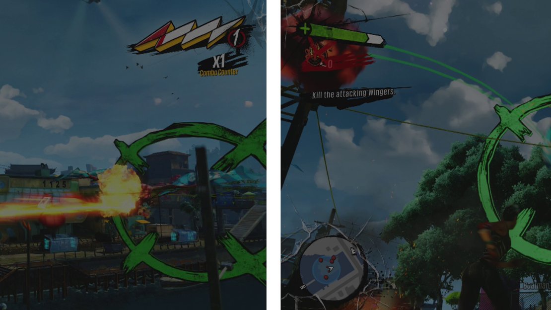 Whilst defending the boat, avoid enemy attacks (left) and then try to hit multiple wingers at once with the cannon fire (right).