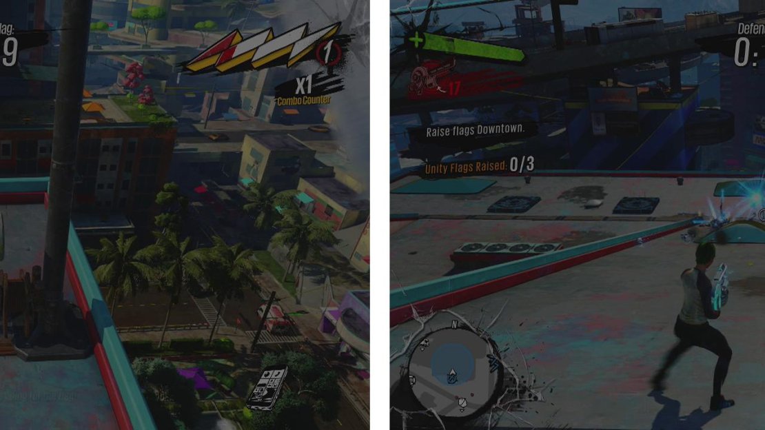 Head up and hit the lever by the flag (left). Then defend it against enemies for 30 seconds (right).