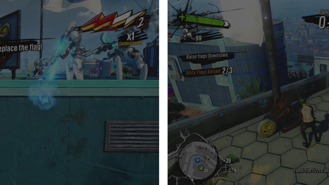 You’ll find the flags on rooftops in the central area (left) and East area (right).