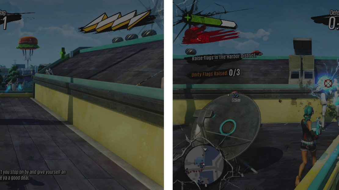 Head up and hit the lever by the flag (left). Then defend it against enemies for 30 seconds (right).