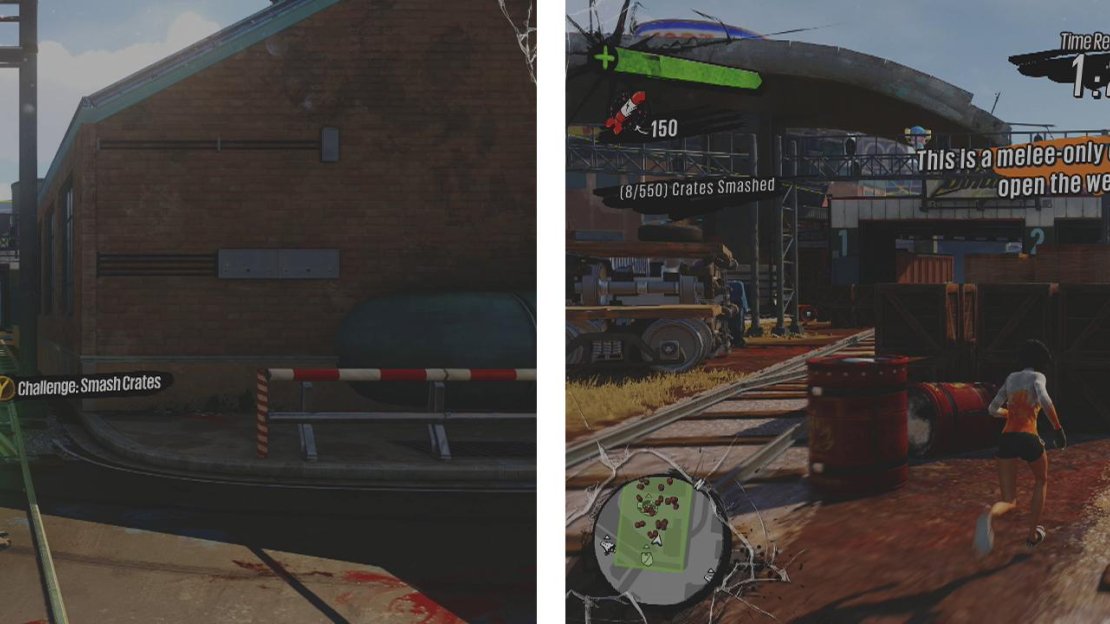 Start the challenge at the Train Depot (left). The key to success is to use the explosive barrels (right).