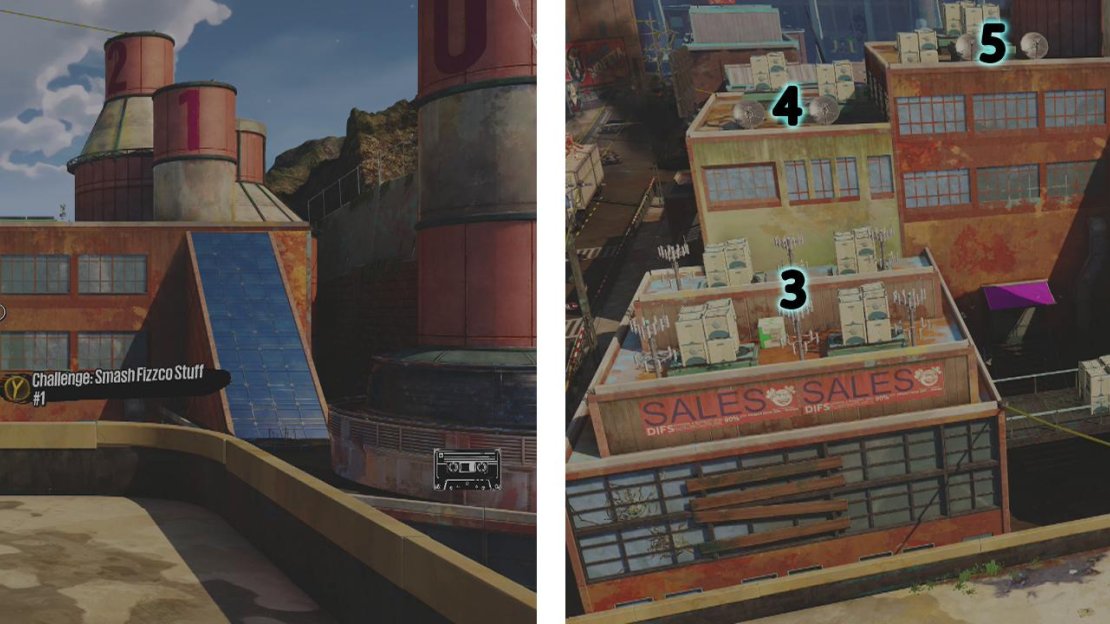 You can begin the challenge here (left). Here is our suggested route of destruction through the area (right).