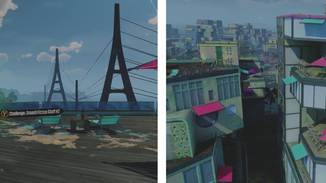 You can begin the challenge here (left). There are three tiers of balconies housing the destructibles (right) finding the right route takes trial, error and patience.