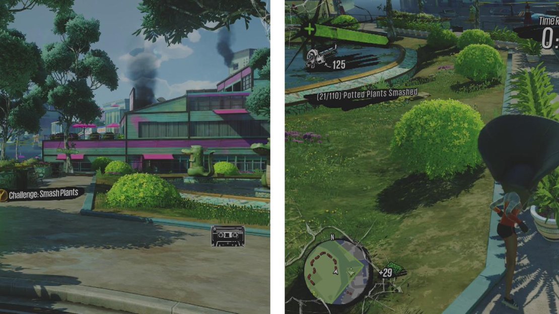 You can begin the challenge here (left). Charge through the lines of plants in order (right).