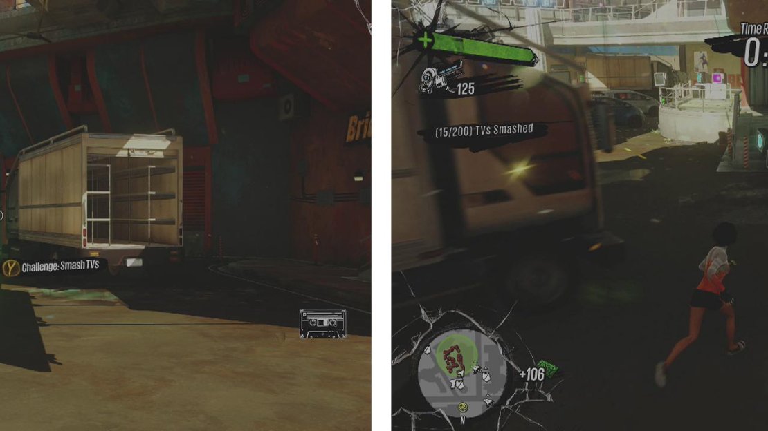 You can begin the challenge here (left). Hit the two groups of explosive barrels at ground level to save a bit of time (right).