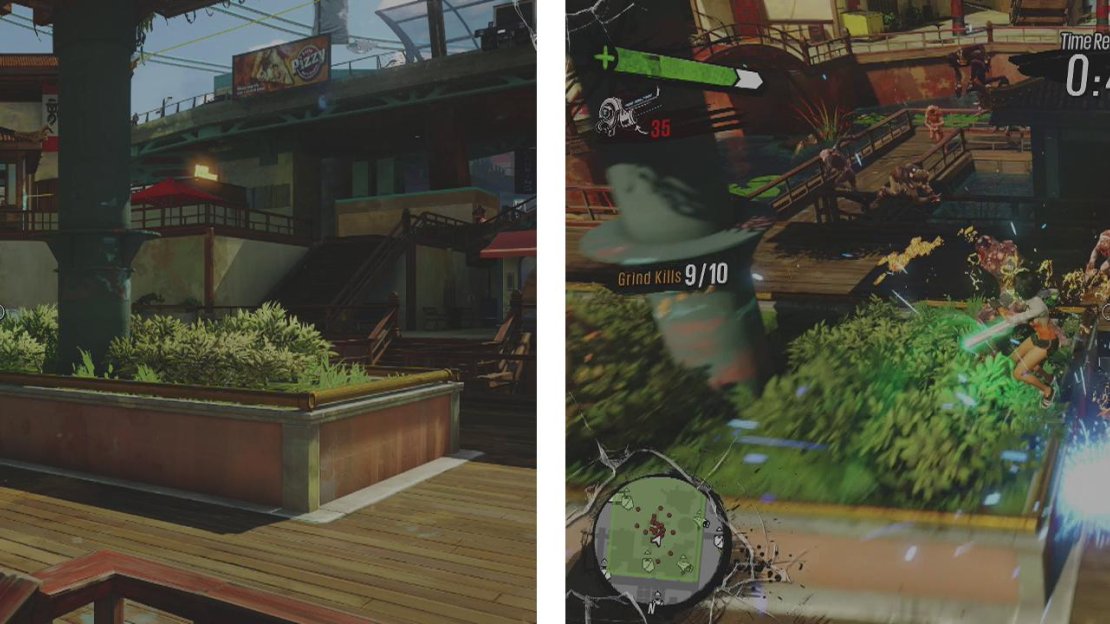 You can start the mission here (left). Grind around the central platform and melee attack constantly to build a large combo (right).