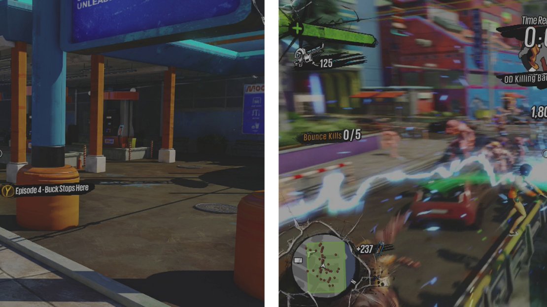 You can start the mission here (left). Grind up and down the railing in front of the gas station whilst melee attacking all the way (right).