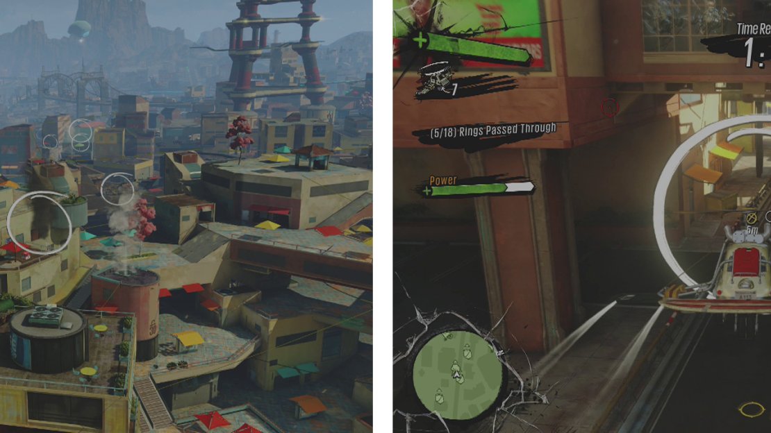 We’ll need to fly through a series of rings (left). Watch out for the garbage truck when flying beneath the overpass (right).