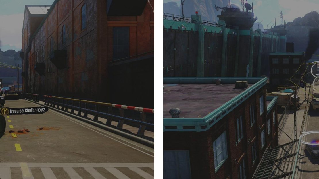 Start the challenge at the icon (left). We’ll have to make our way through the white rings using mainly bouncing and grinding (right).