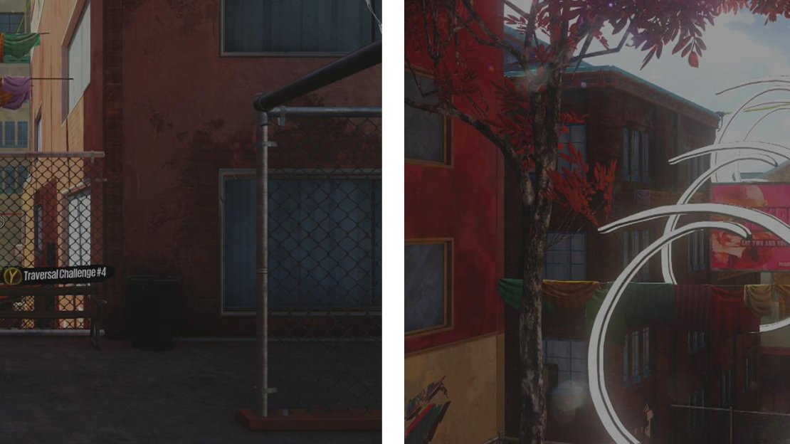 Start the challenge at the icon (left). We’ll have to walljump our way through a set of three white rings to begin with (right).