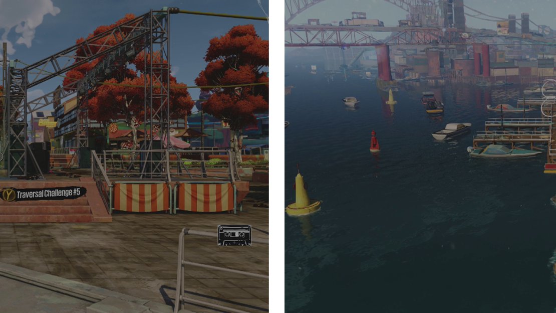 Start the challenge at the icon (left). We’ll have to grind, bounce and swing our way along the waterfront (right).