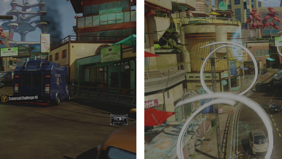 Start the challenge at the icon (left). We’ll have to grind, swing and undergrind our way to the end (right).