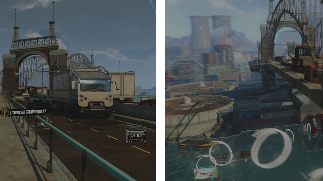 Start the challenge at the icon (left). This challenge has a little bit of everything - but mostly bouncing, water dashing and more bouncing (right).