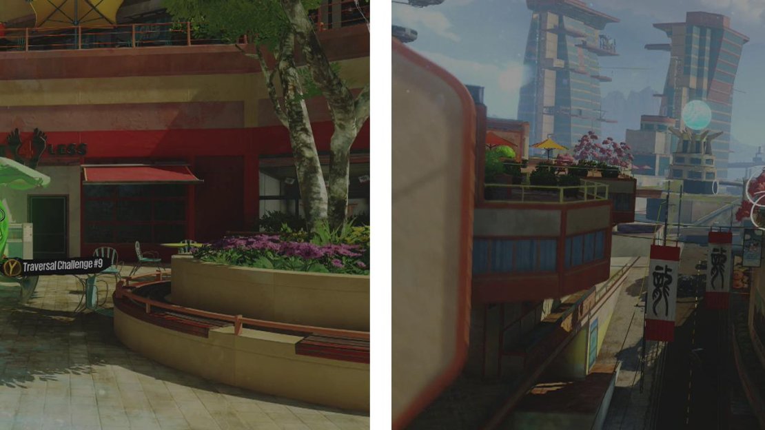 Start the challenge at the icon (left). Wall running, grinding and bouncing will see you through to the end…eventually (right).