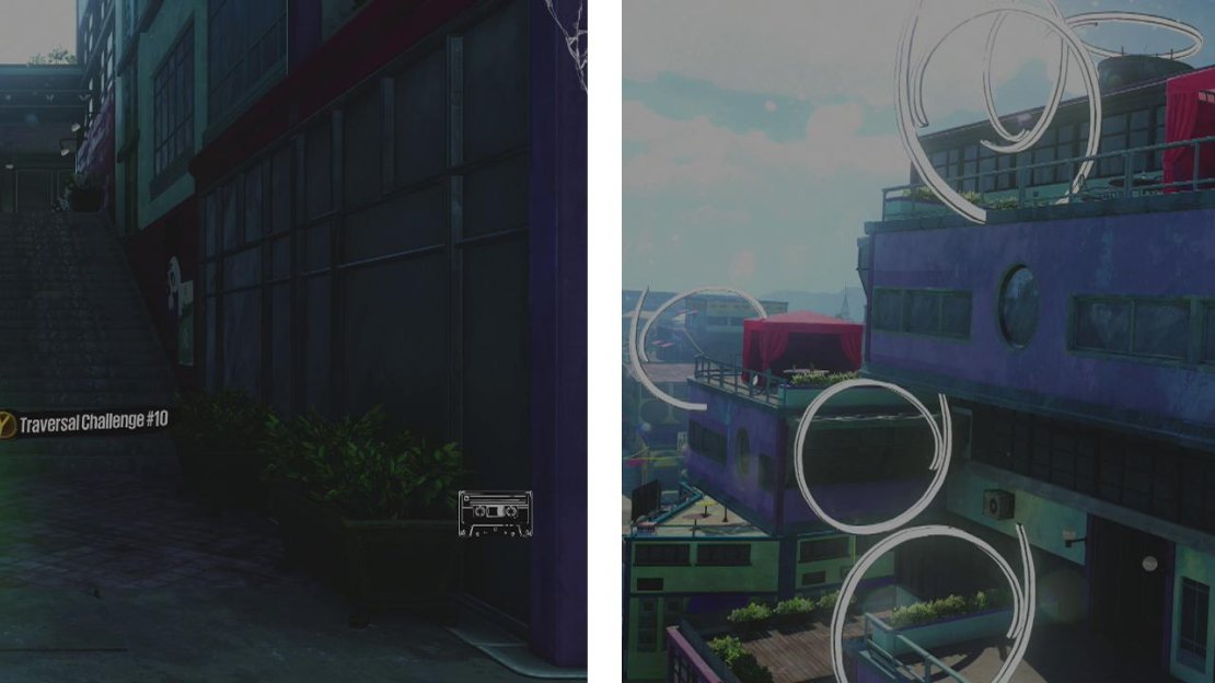 Start the challenge at the icon (left). This challenge has us climb to the top of the building just to drop down to finish(right).