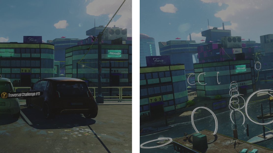 Start the challenge at the icon (left). This challenge has looping around the building in front and back past the start point (right).