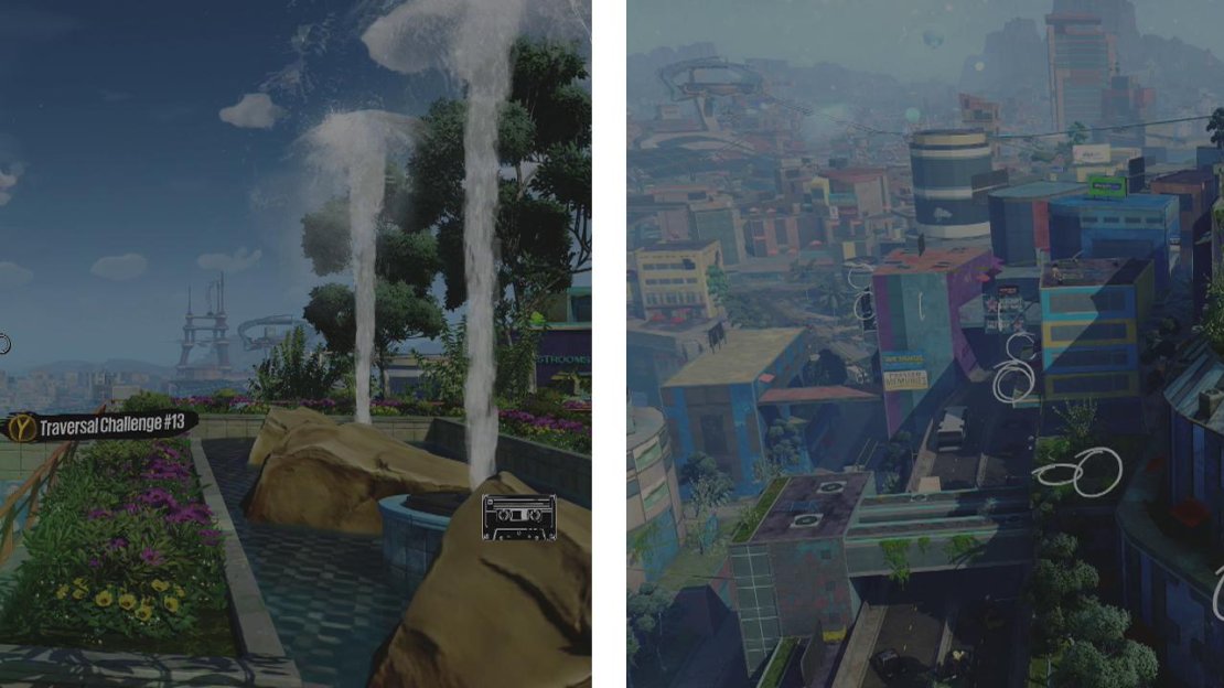 Start the challenge at the icon (left). This challenge has a little bit of everything - but mostly bouncing, grinding and wallrunning (right).