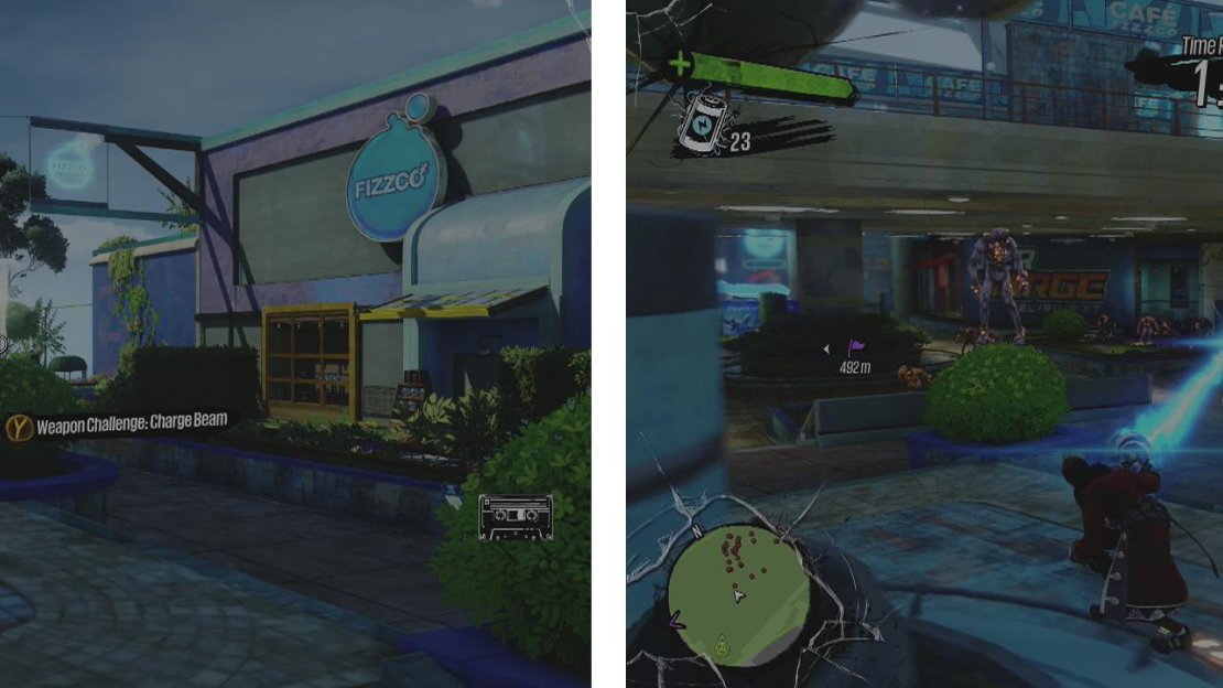 You can start the challenge here (left). Try to maintain a chain by grinding whilst killing enemies (right)