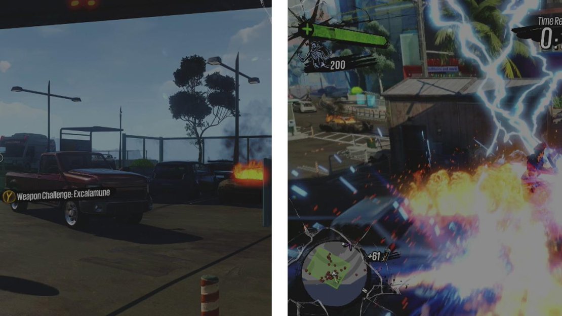 You can start the challenge here (left). The added electricity and flames make Excalamune both a melee and ranged weapon (right)