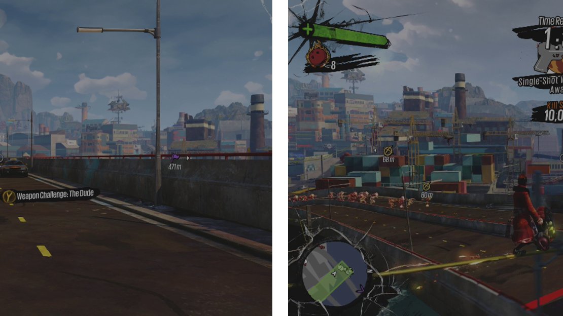 You can start the challenge here (left). We need to traverse between the two highways to defend our safe zone (right).